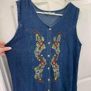 Vintage Floral Embroidered Denim Dress with Tie Back 100% Cotton Hippie Western